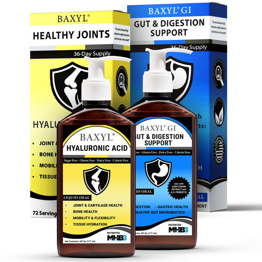 BAXYL joint relief bottle pouring shows quick-absorption hyaluronic acid formula for joint support.
