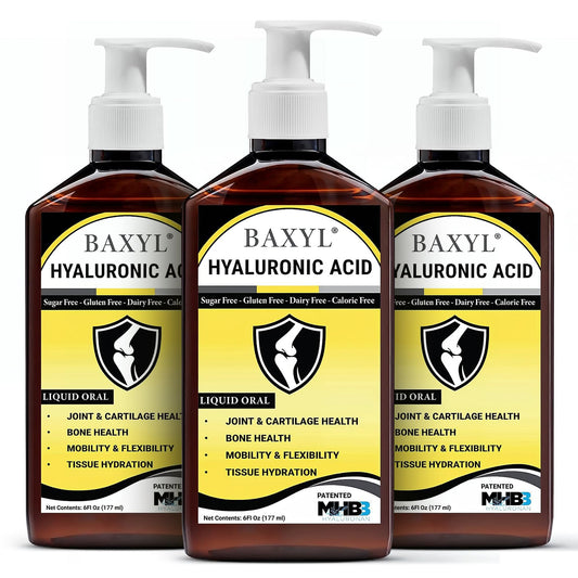BAXYL bottle shows liquid hyaluronic acid for joint support