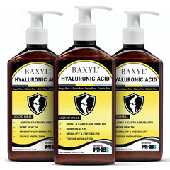 BAXYL bottle shows liquid hyaluronic acid for joint support