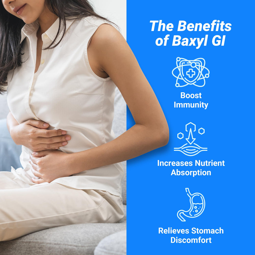 BAXYL GI label emphasizing digestive support and healthy stomach pH balance.