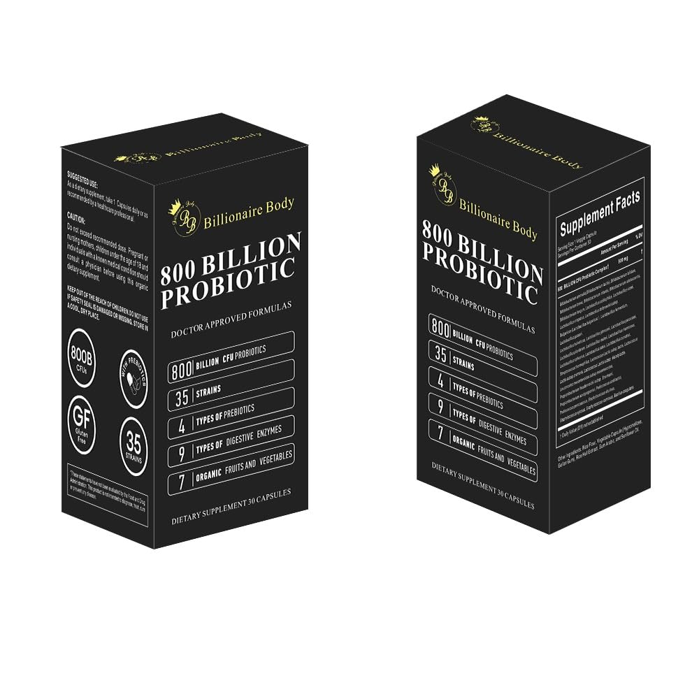 Prebiotic blend and enzyme icons on BB Billionaire Body Probiotics packaging