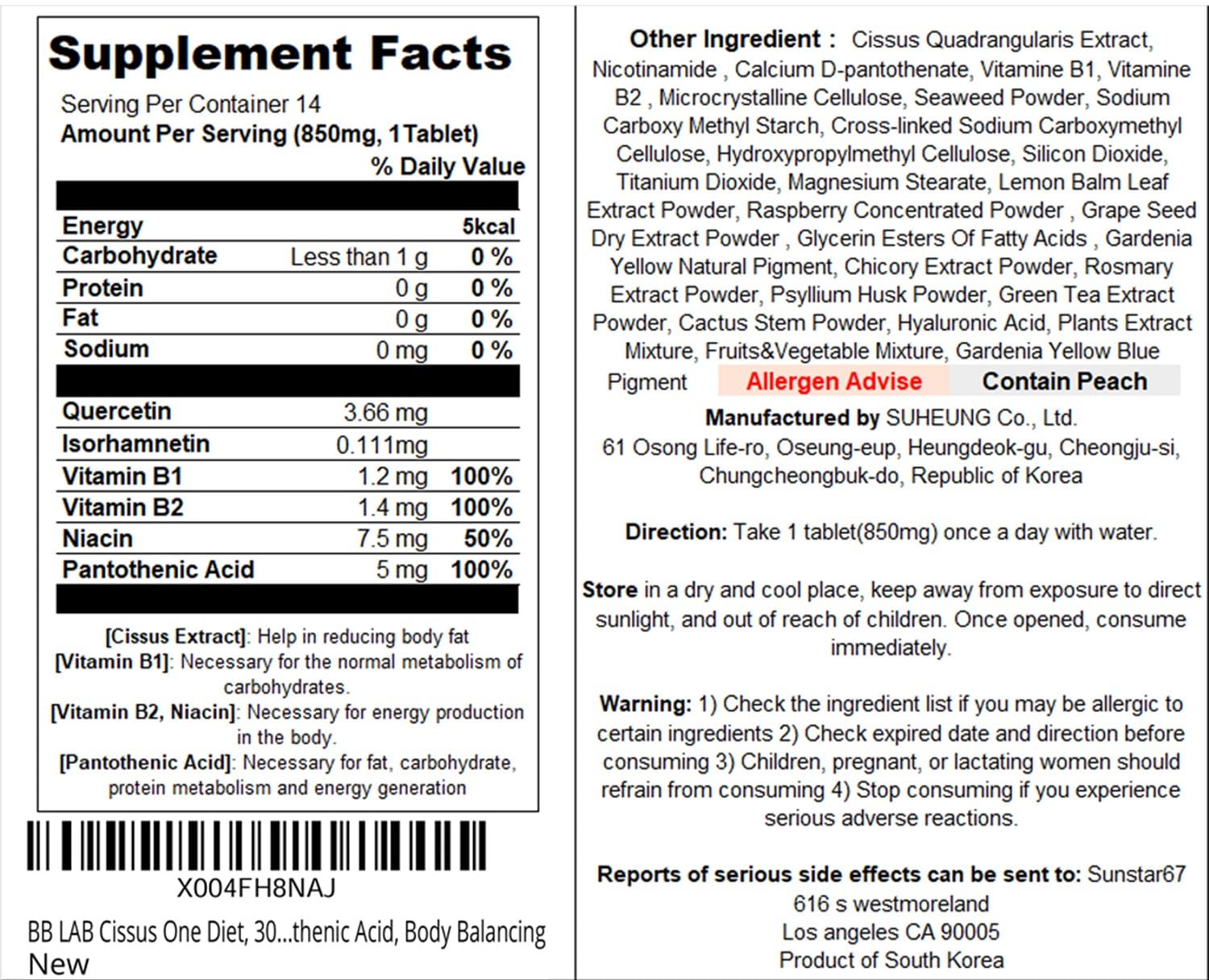 BB LAB Cissus One Diet packaging and label highlights a convenient 14-tablet box.
