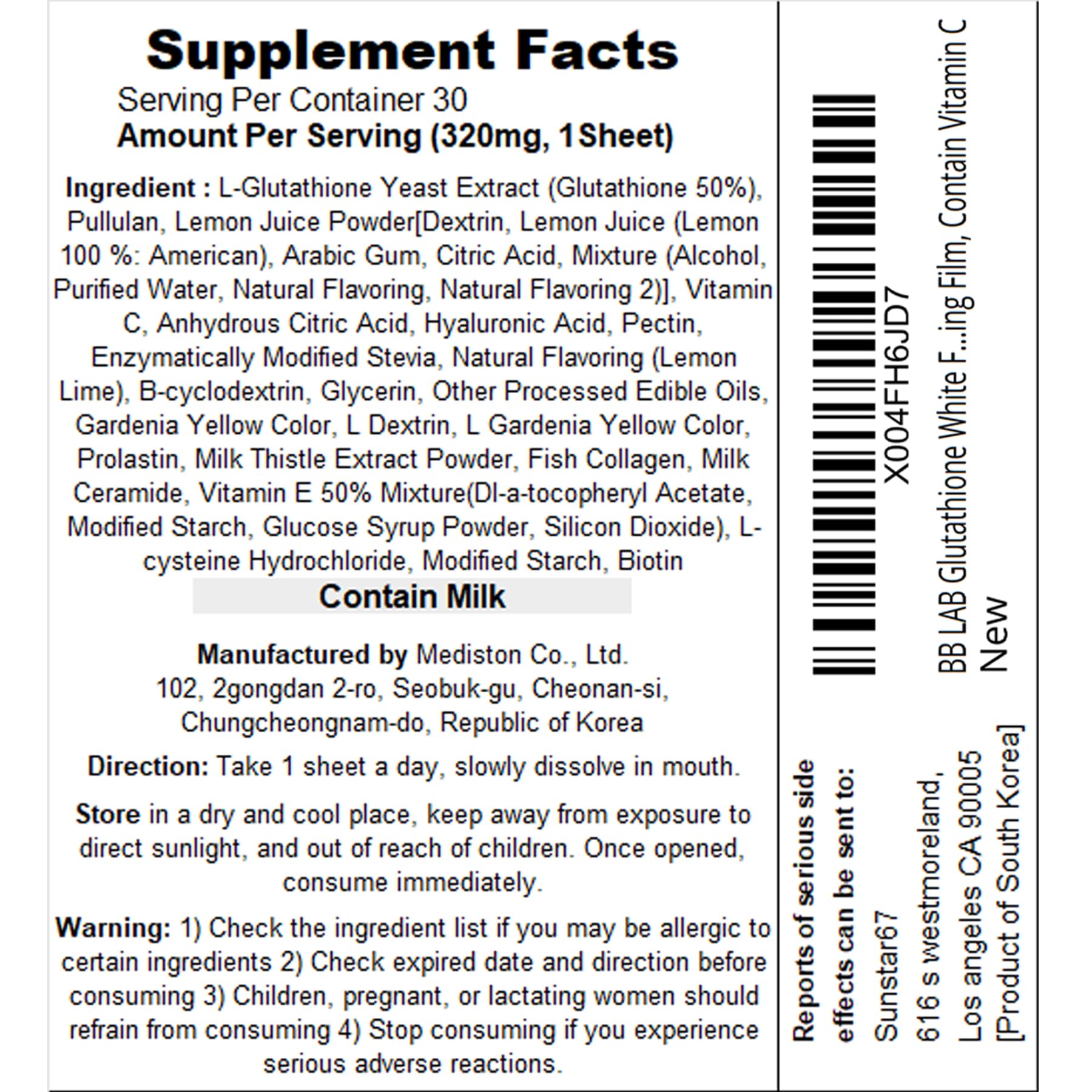 BB LAB Glutathione White Film includes Hyaluronic Acid for hydration and skin health.