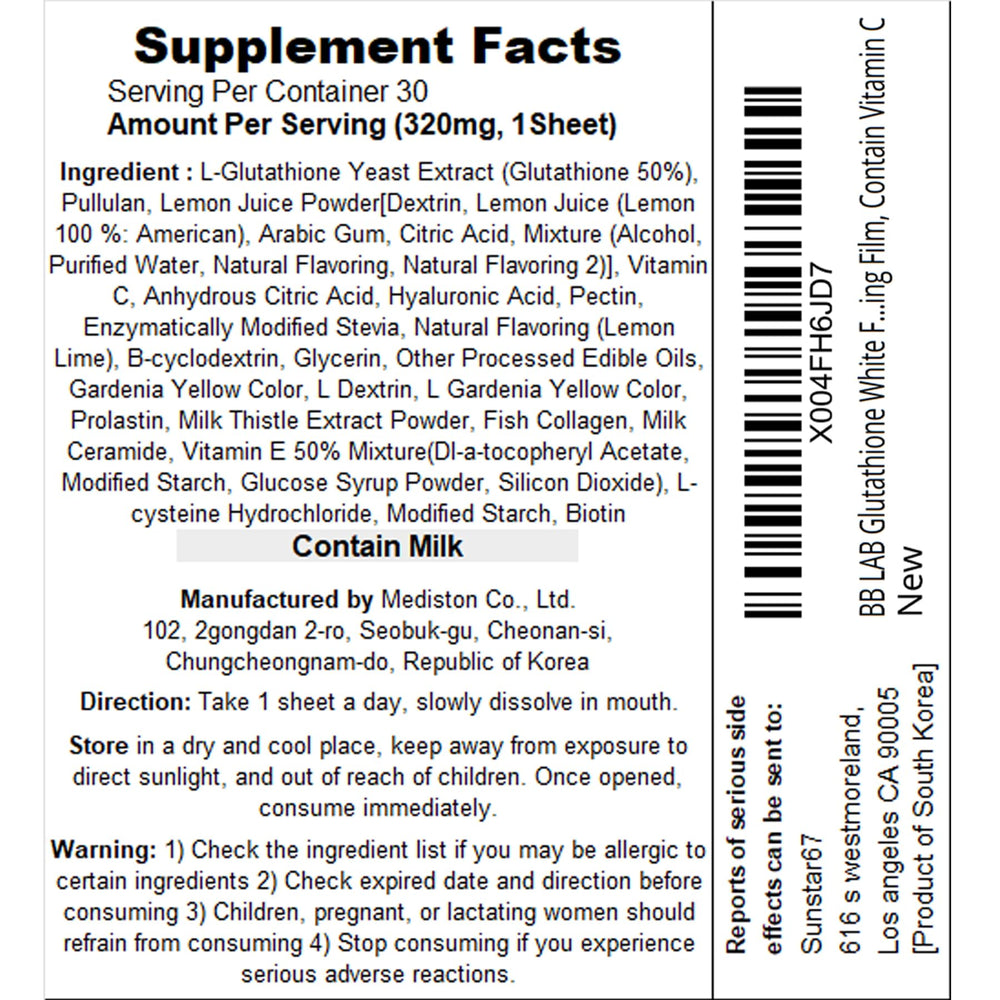 BB LAB Glutathione White Film includes Hyaluronic Acid for hydration and skin health.