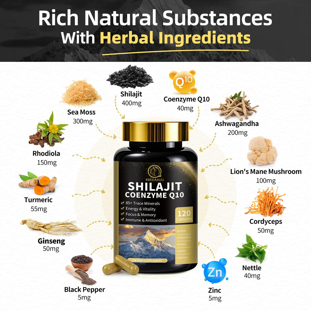 BBEEAAUU 12-in-1 Himalayan shilajit formula product image emphasizing diversity.