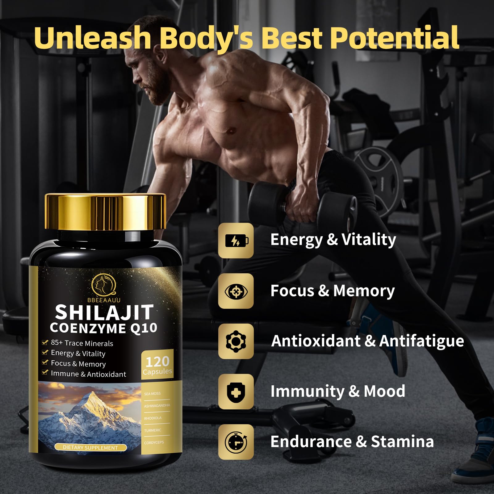 BBEEAAUU CoQ10 enriched shilajit supports energy visuals.