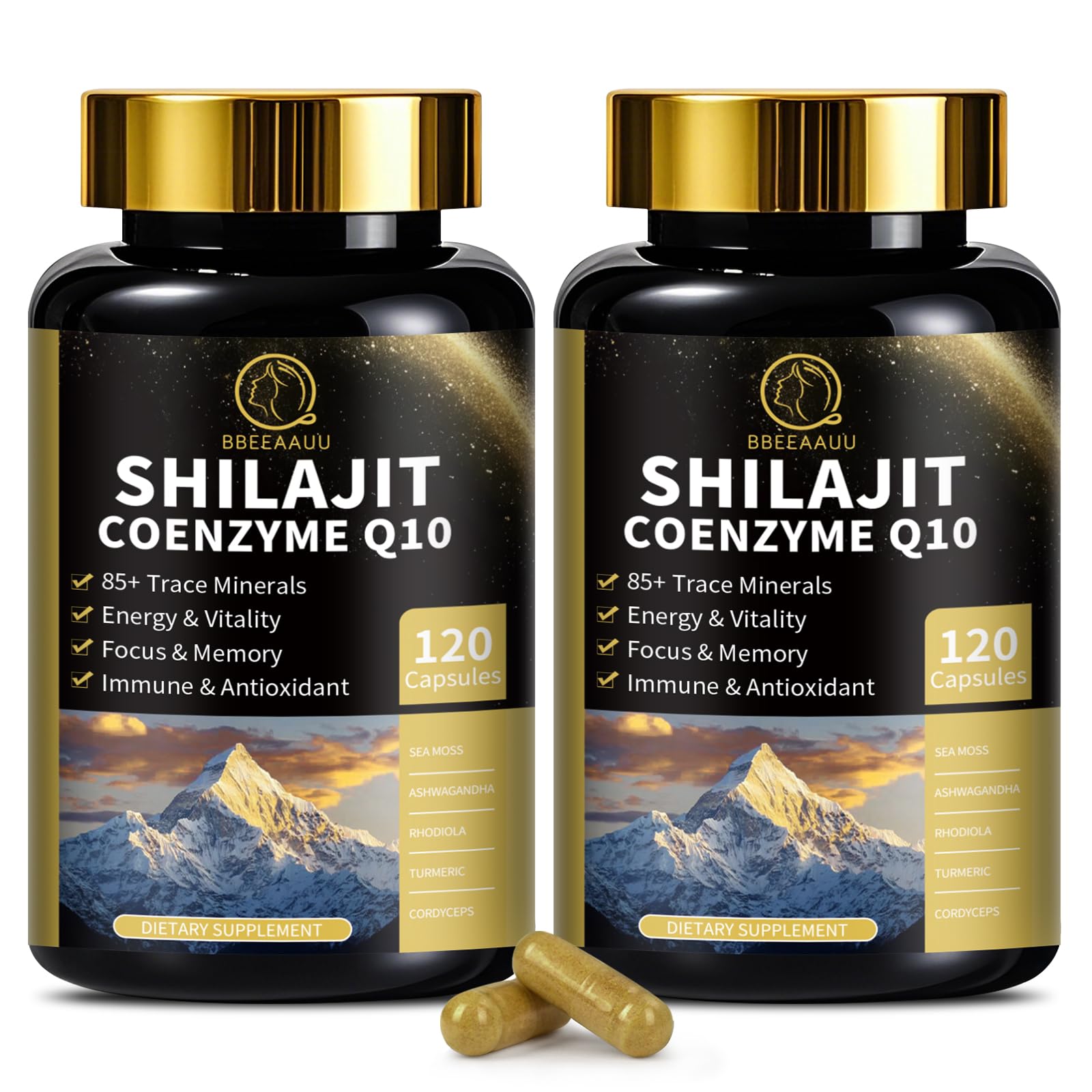 BBEEAAUU Shilajit capsules with sea moss and ashwagandha, front view for daily vitality.