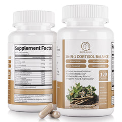 BBEEAAUU cortisol supplement bottle promotes daily stress relief and nighttime relaxation.