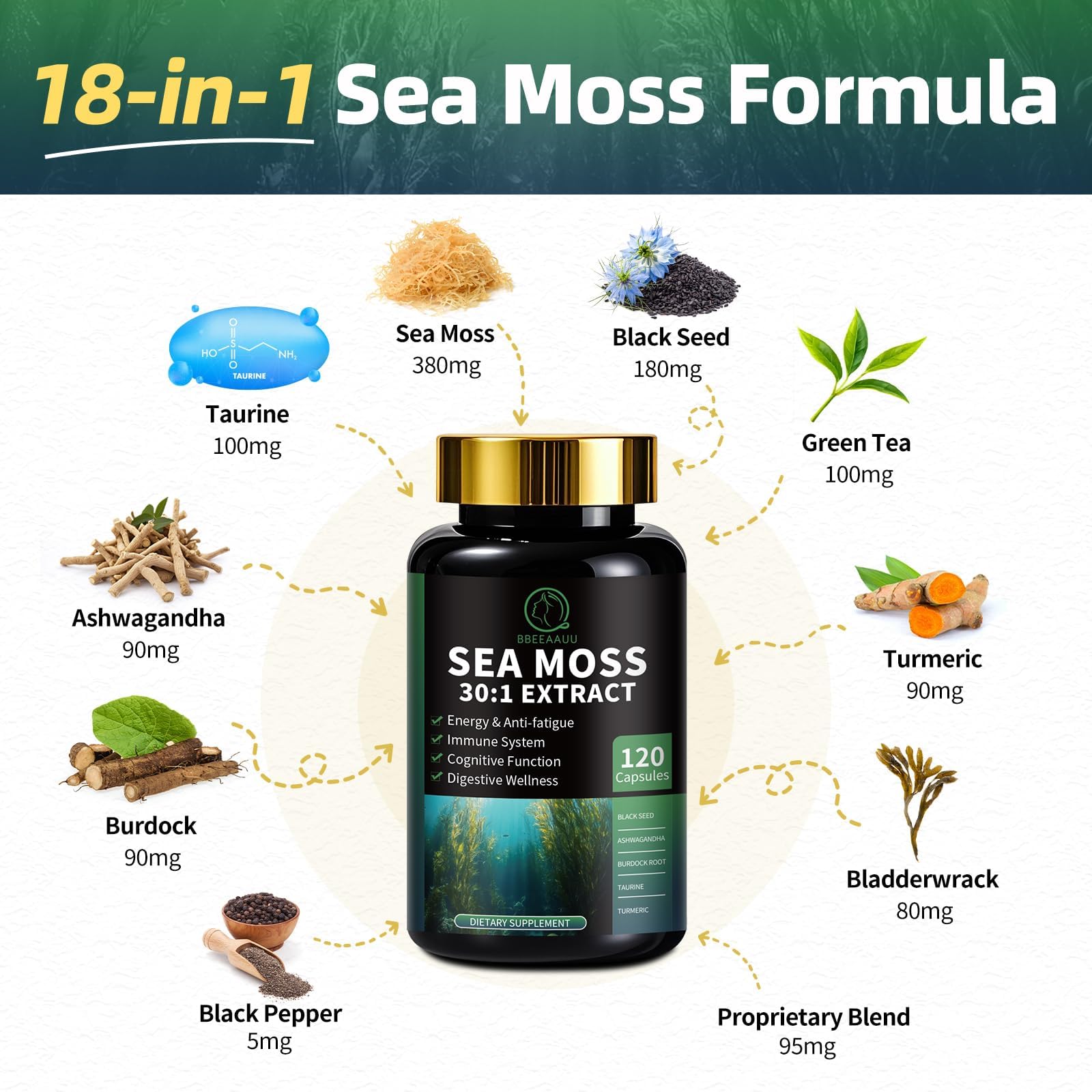 BBEEAAUU Ashwagandha and taurine blend graphic suggesting balanced energy