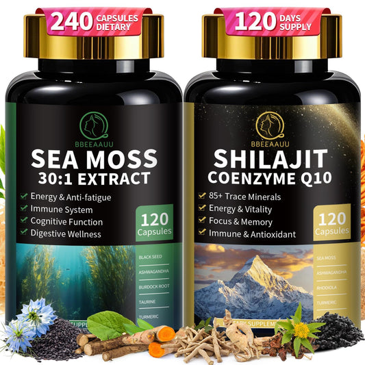 BBEEAAUU Shilajit and Sea Moss bundle product shot highlighting all-in-one energy support