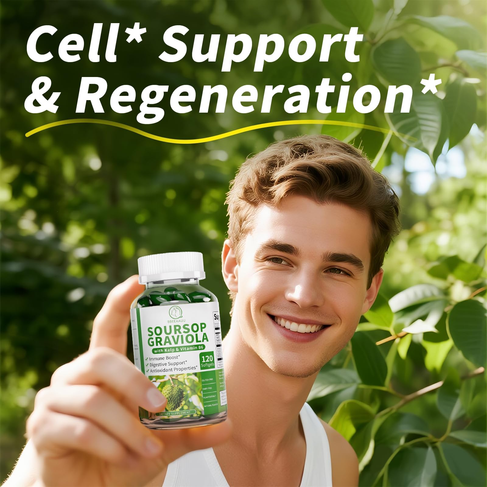 BBEEAAUU Soursop Graviola capsules ingredient list with kelp and acai.