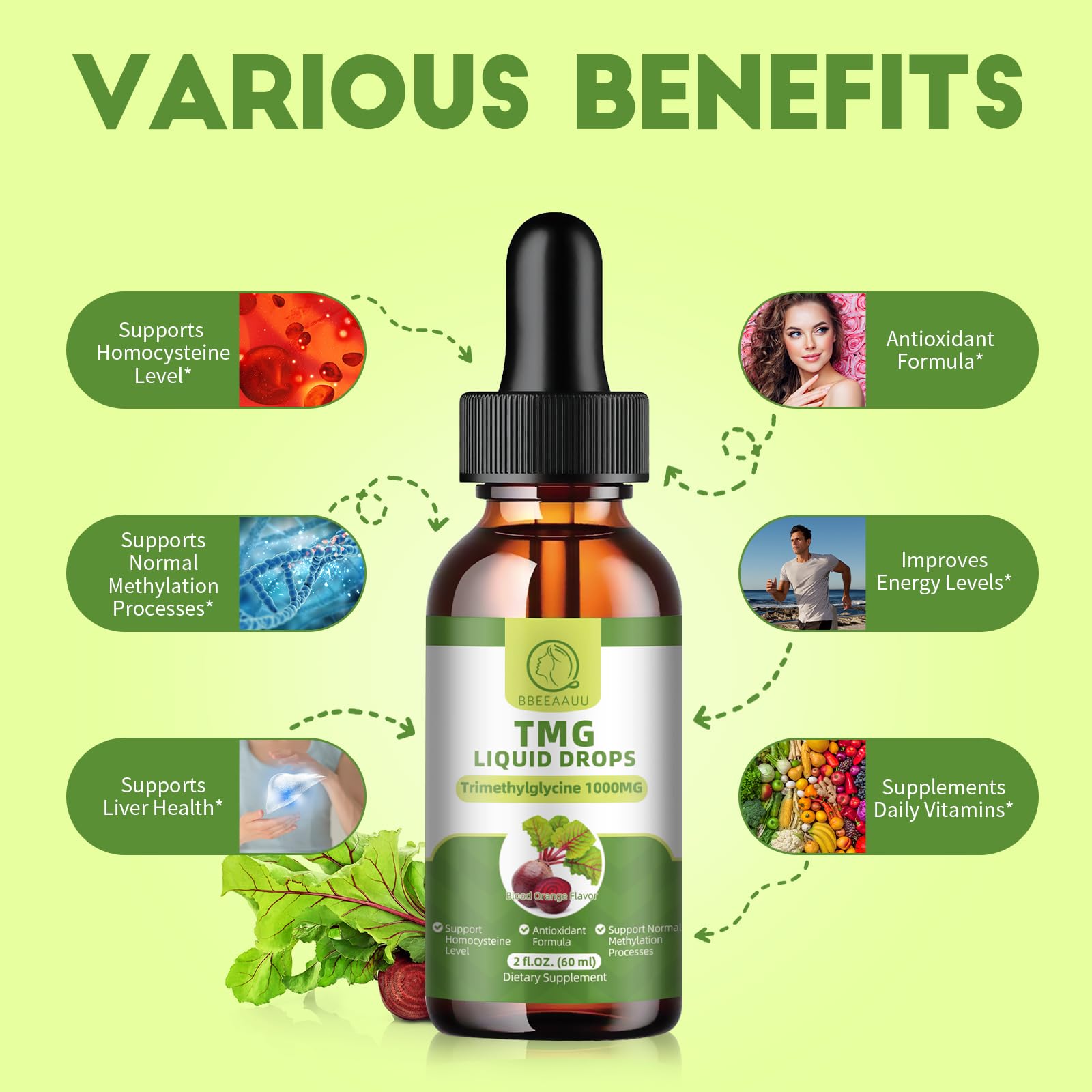 BBEEAAUU TMG label closeup highlights ingredients and vegan formula.