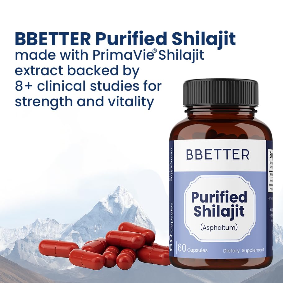 BBETTER Shilajit capsules close-up showing tasteless daily supplement for energy.