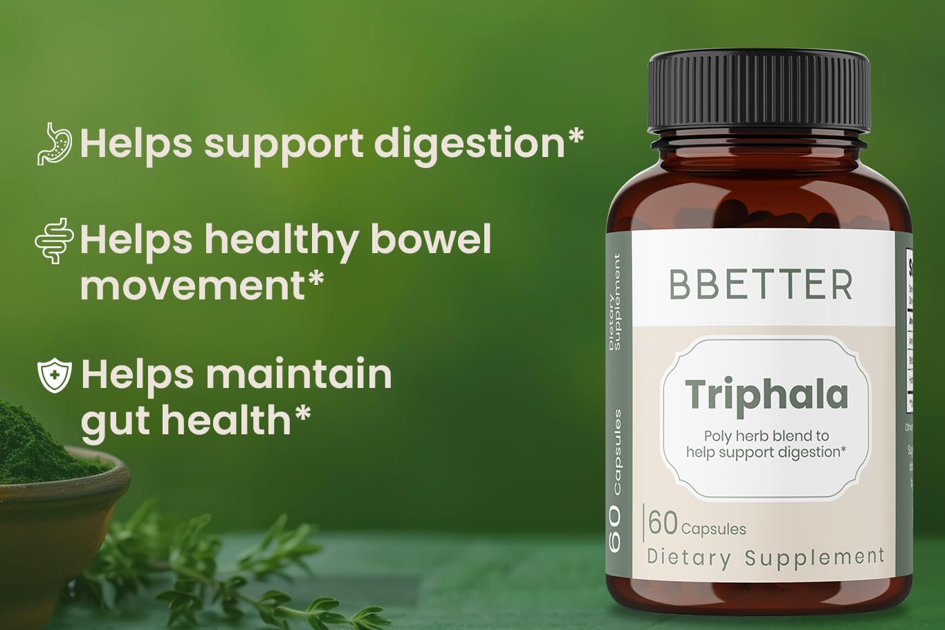 BBETTER Triphala bottle cap emphasizes easy daily dosage.