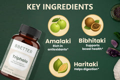 BBETTER Triphala capsules closeup highlights the three-fruit formula.