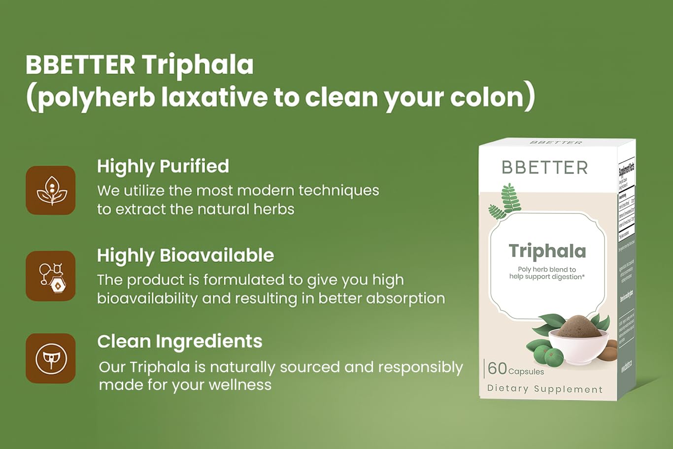 BBETTER Triphala packaging box communicates quality and natural sourcing.