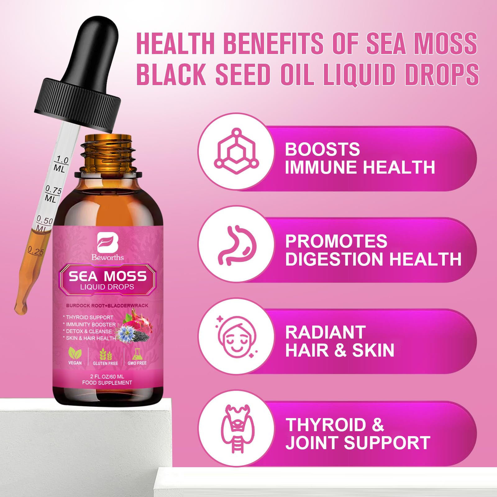 B BEWORTHS Sea Moss Liquid Drops ingredients closeup highlights bladderwrack and burdock root.