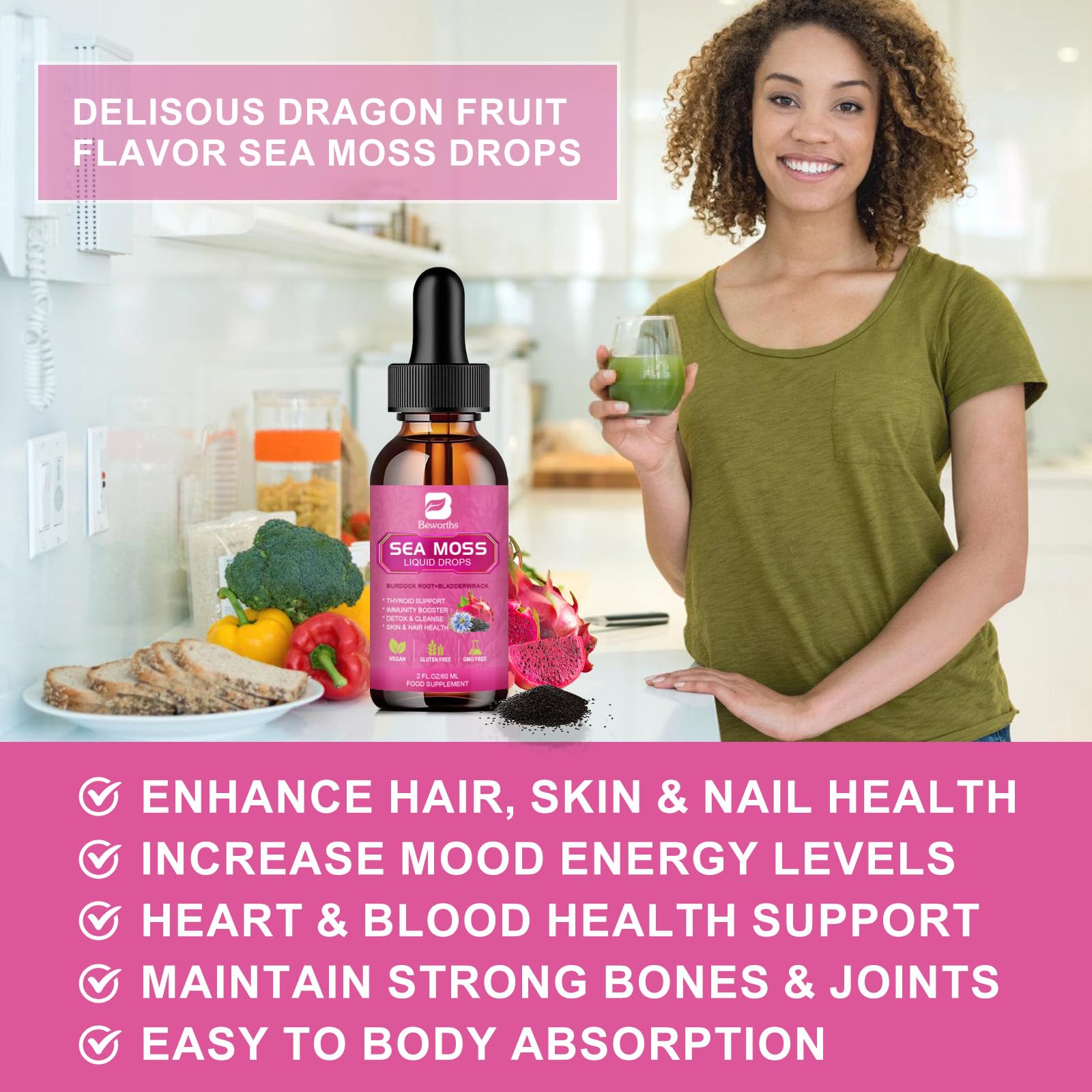 B BEWORTHS Sea Moss Liquid Drops label showing organic, vegan formulation and natural extracts.