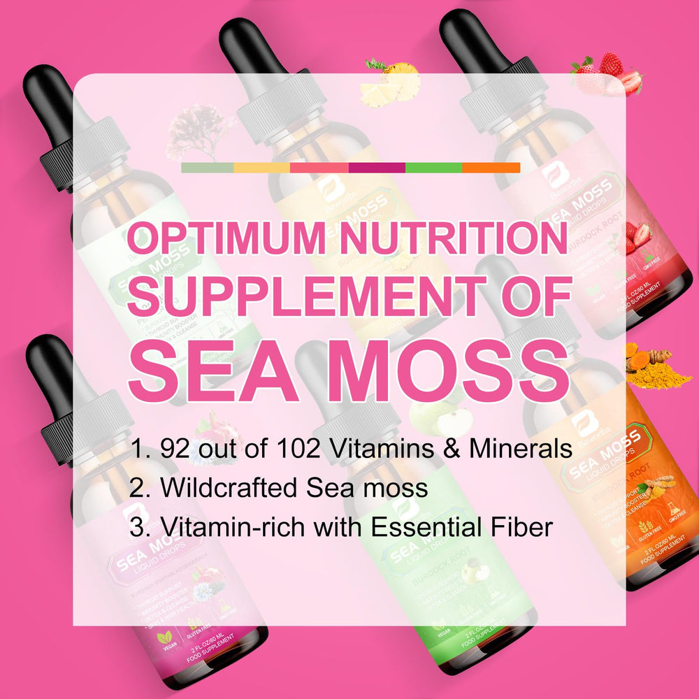 B BEWORTHS Sea Moss Liquid Drops packaging conveys eco-friendly, travel-friendly size.