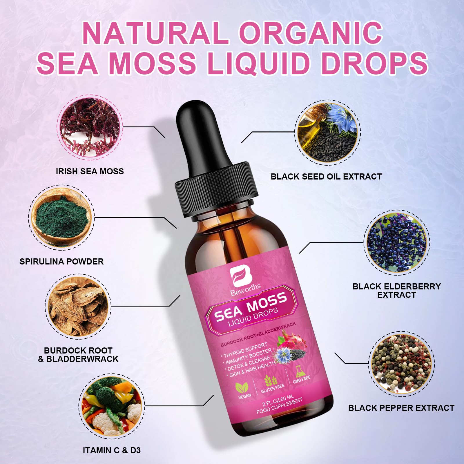 B BEWORTHS Sea Moss Liquid Drops pour shows convenient dropper for easy dosing.