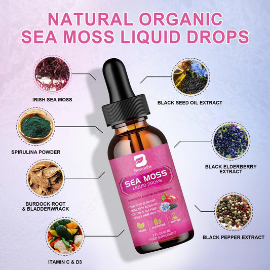 B BEWORTHS Sea Moss Liquid Drops pour shows convenient dropper for easy dosing.