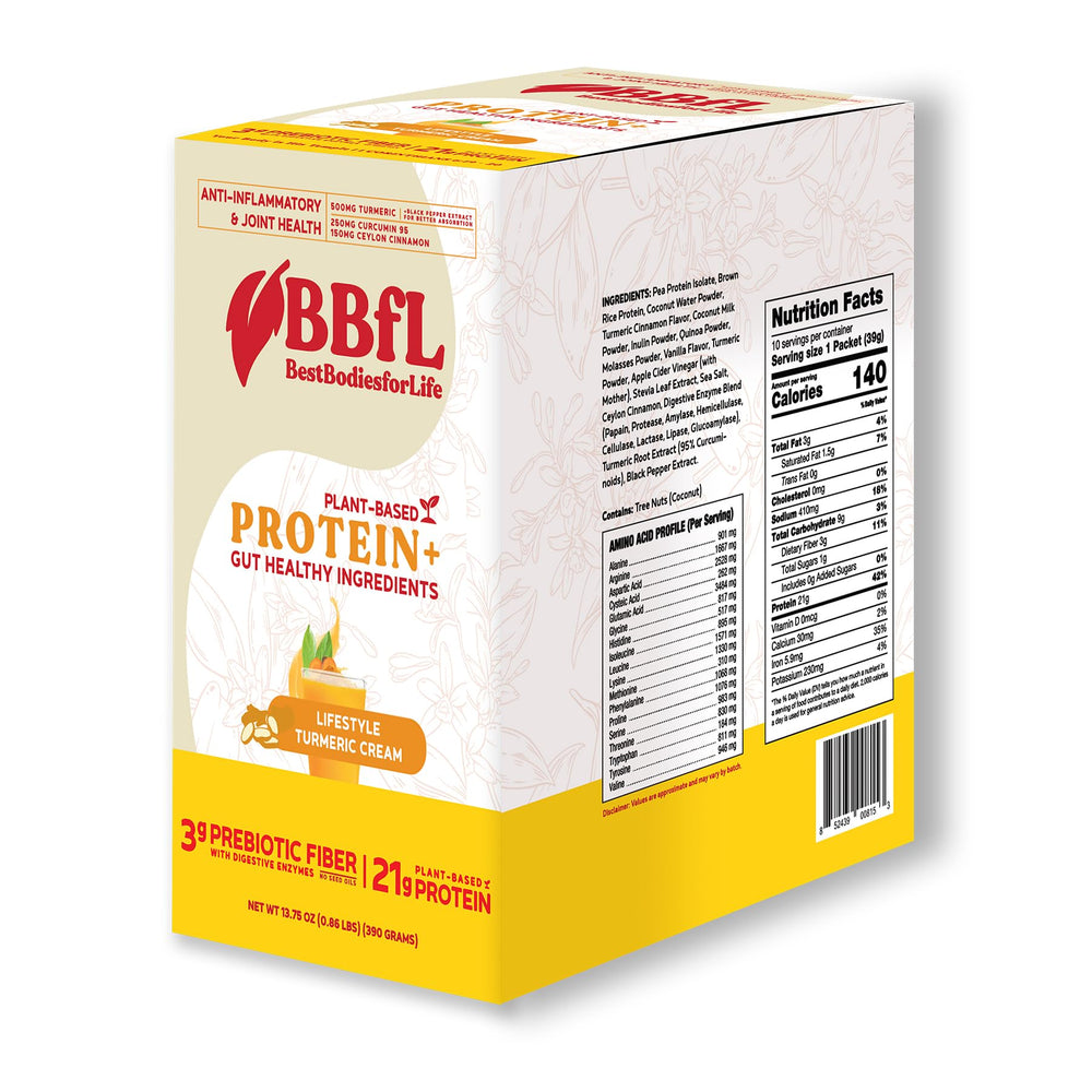 BBfL Plant-Based Protein Shake turmeric-cream bottle showcases convenient all-in-one nutrition for daily workouts.