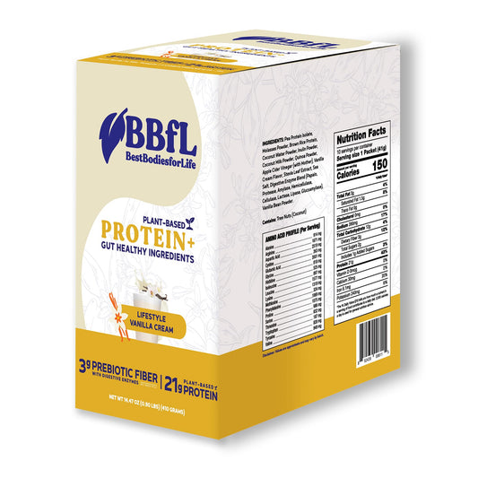 BBfL plant-based protein shake bottle in vanilla cream promoting daily energy.