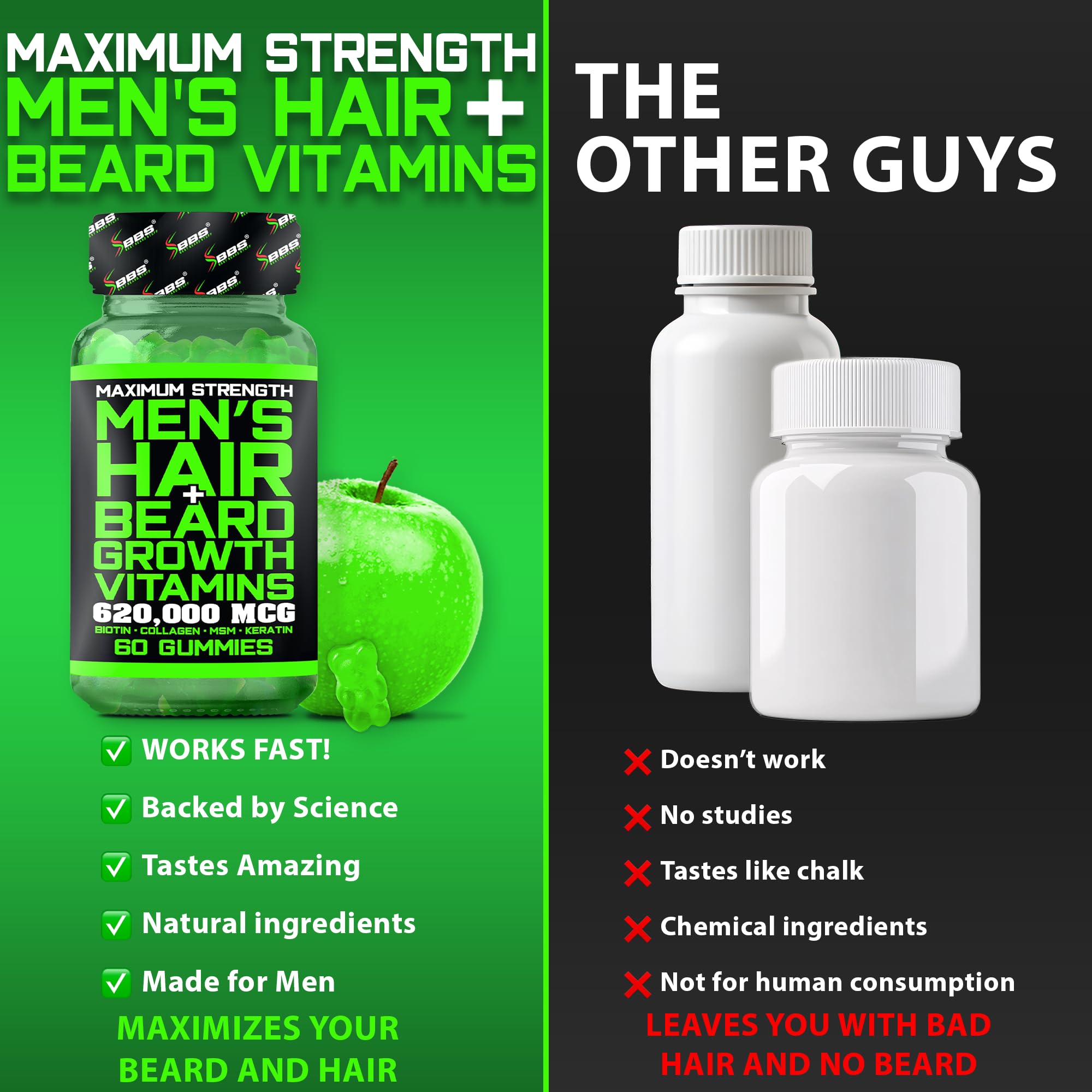 BBS Best Beard Stuff label highlights biotin collagen and bamboo extract ingredients.