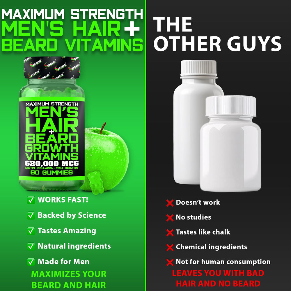 BBS Best Beard Stuff label highlights biotin collagen and bamboo extract ingredients.