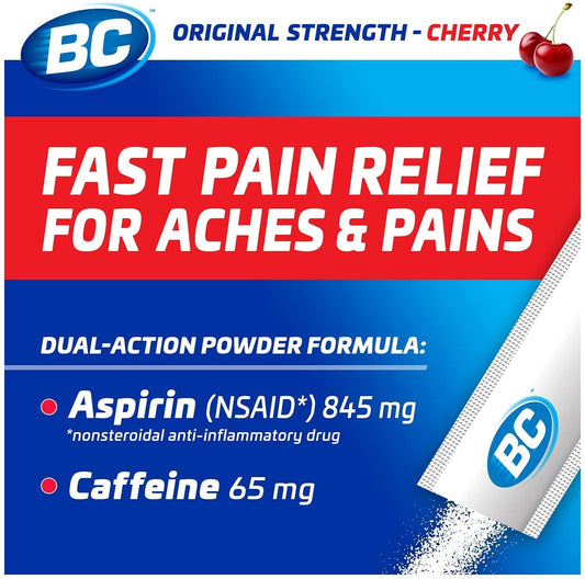 BC Powder Cherry flavor stick pack being mixed with water for easy intake