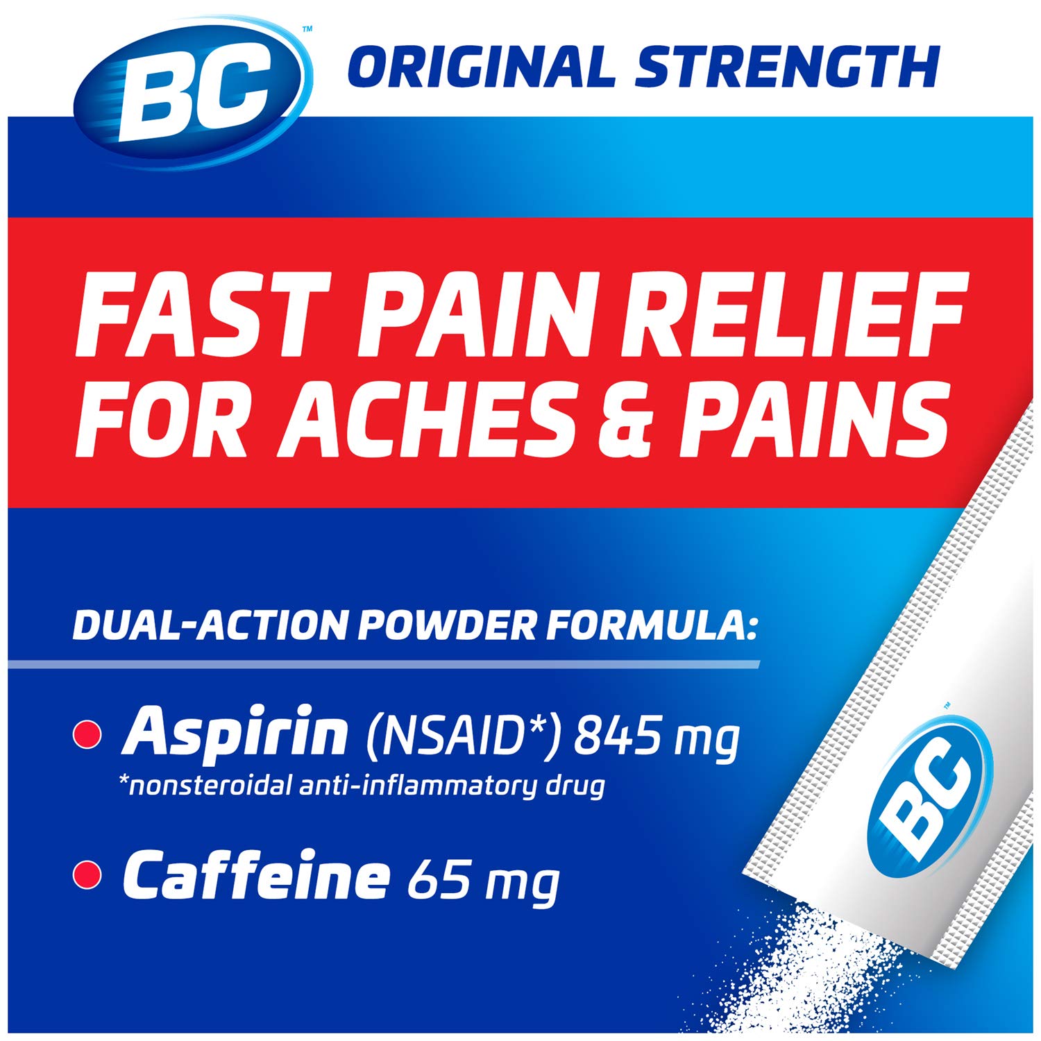 BC Powder Original sticks highlight aspirin-caffeine blend for quick relief.