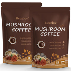Bcuelov 2 Bag Mushroom Coffee package highlights six adaptogenic mushrooms for steady energy