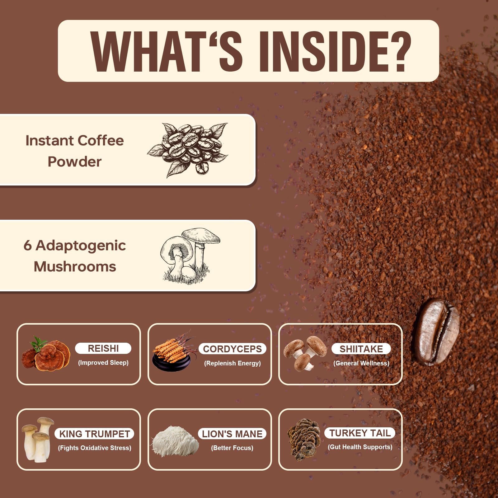 Bcuelov six adaptogenic mushrooms visual highlights cognitive and energy balance