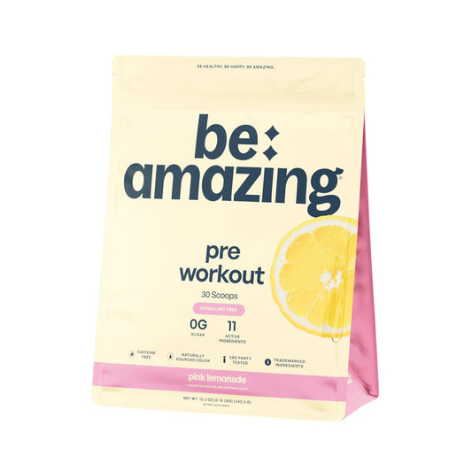 BE AMAZING Pink Lemonade caffeine-free pre-workout powder boosts evening training sessions