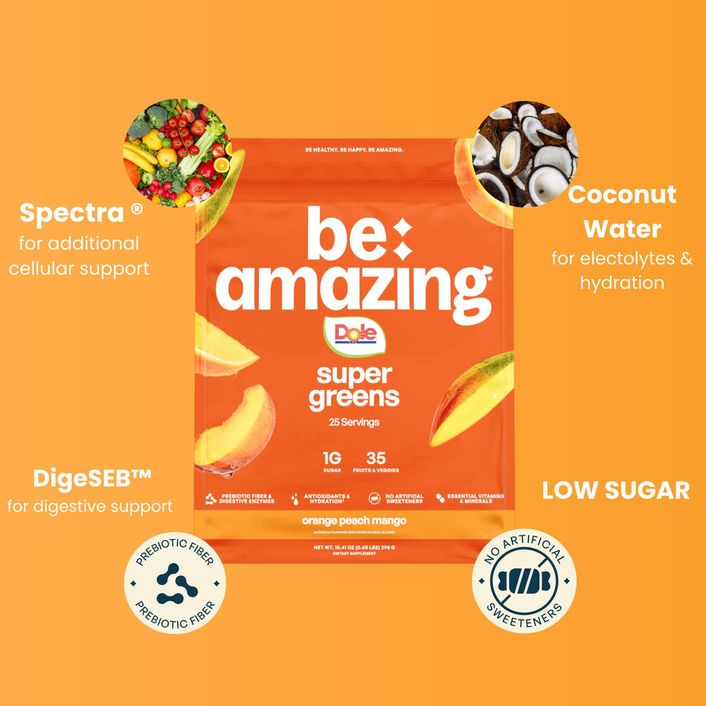BE AMAZING Orange Peach Mango flavor ready in a smoothie for tropical refreshment.