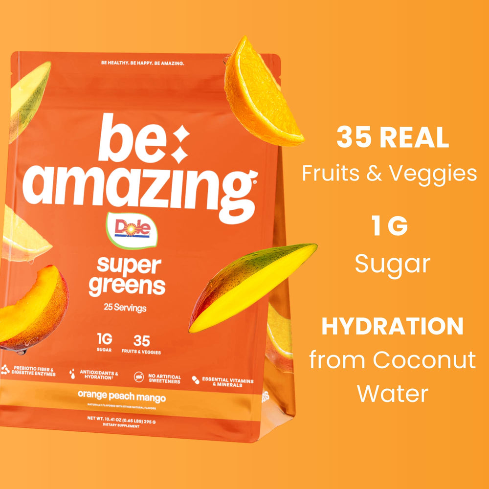 BE AMAZING Super Greens powder being poured into a glass for hydration and wellness.