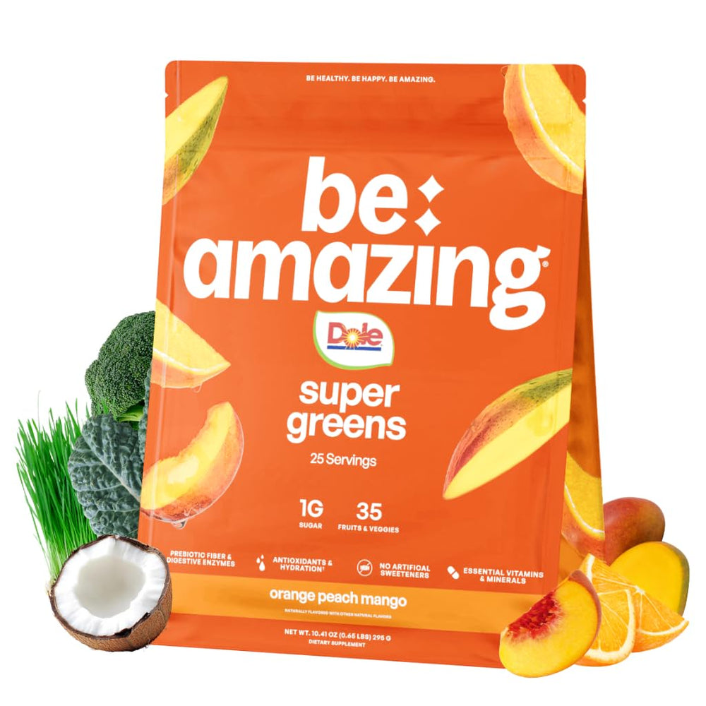 BE AMAZING Super Greens tub label shows plant-based nutrition for daily smoothies.