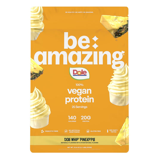 BE AMAZING vegan protein powder Dole Whip Pineapple tub for a smooth, dairy-free protein boost
