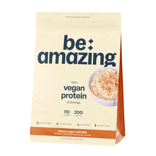 BE AMAZING vegan protein powder tub with Brown Sugar Oatmeal for a smooth daily fuel