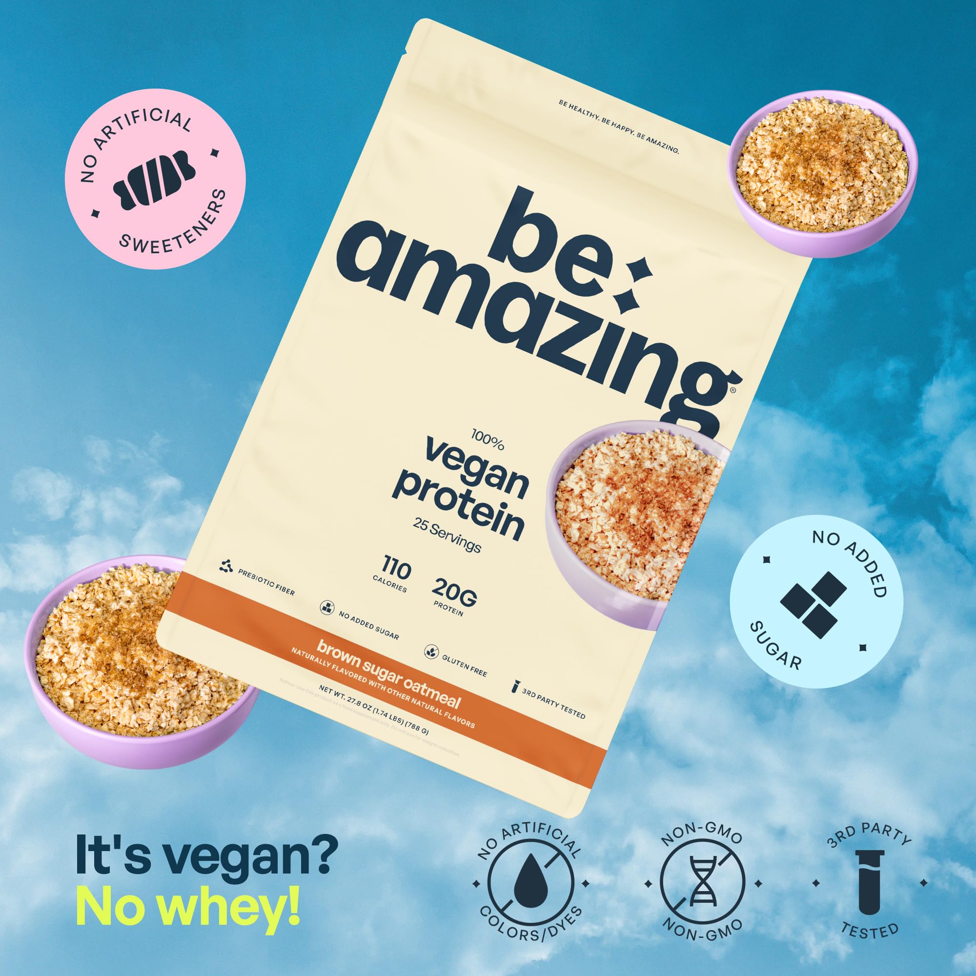 BE AMAZING vegan protein powder front label shows dairy-free, gluten-free ingredients for everyday meals