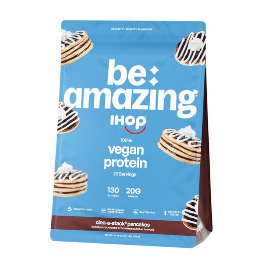 BE AMAZING vegan protein powder IHOP Cinn-A-Stack tub front for daily fueling.