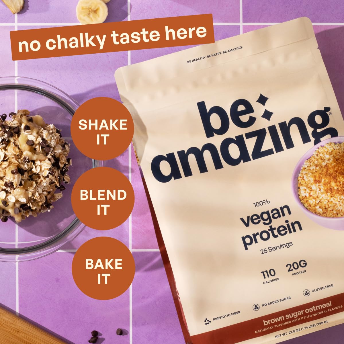 BE AMAZING vegan protein powder ingredients image highlighting 2g prebiotic fiber for digestive support