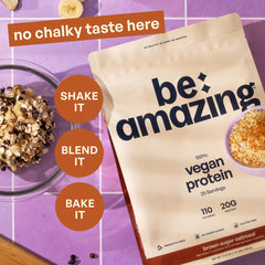 BE AMAZING vegan protein powder ingredients image highlighting 2g prebiotic fiber for digestive support