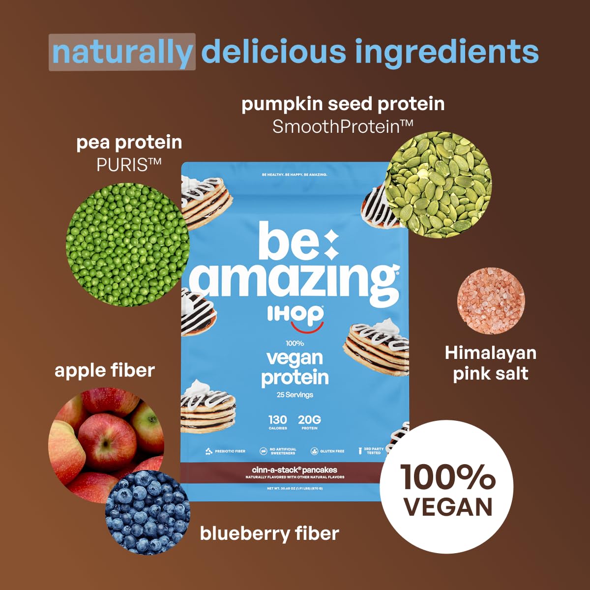 Close-up of BE AMAZING tub label highlighting 20g protein per serving.