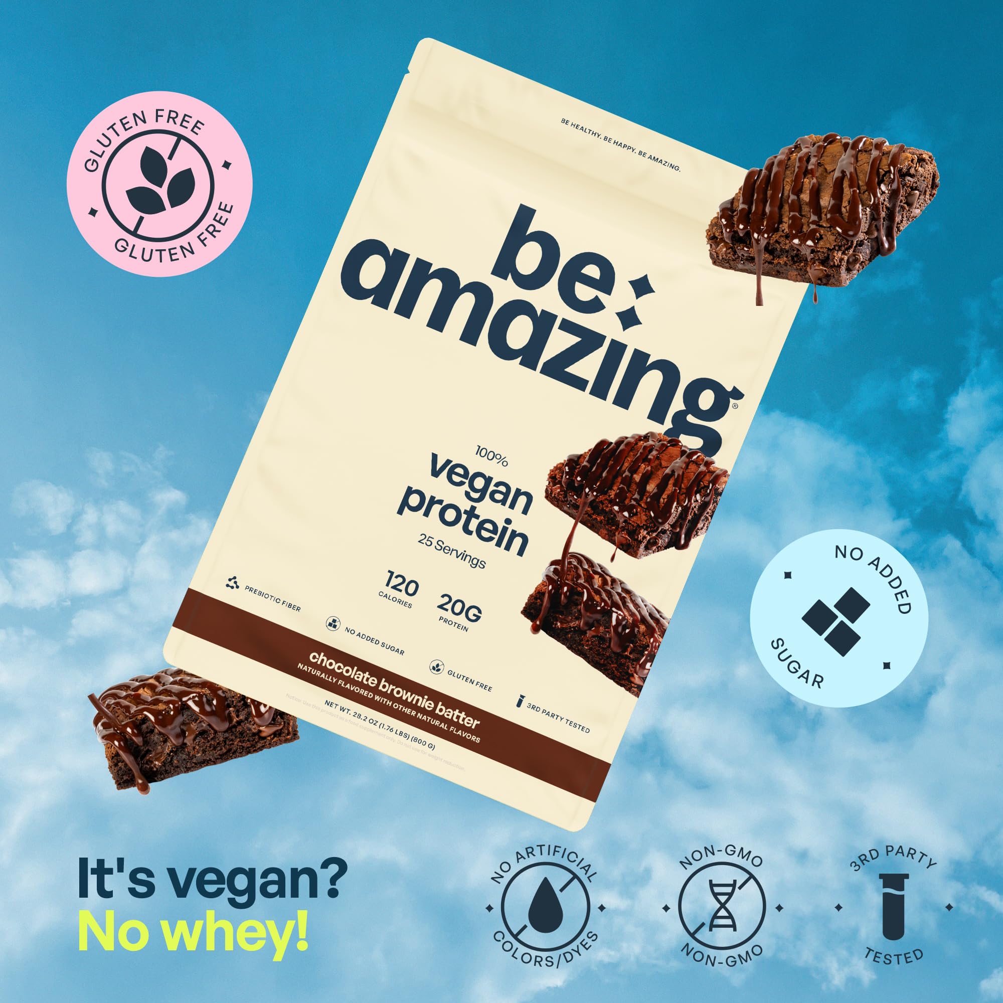 BE AMAZING protein powder close-up with prebiotic fiber from blueberry and apple