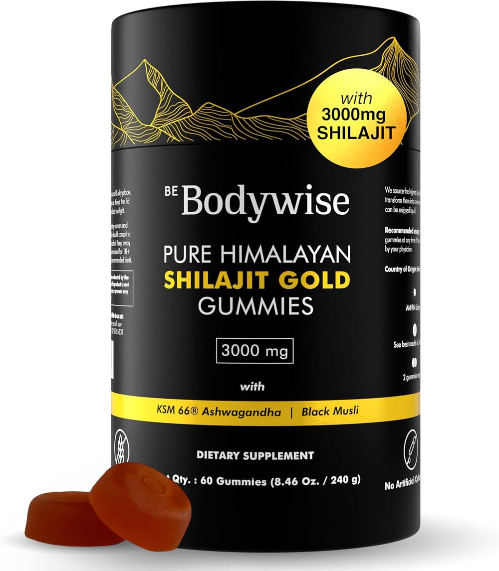 Be Bodywise Shilajit Gummies bottle with lab certificate signaling purity and energy support