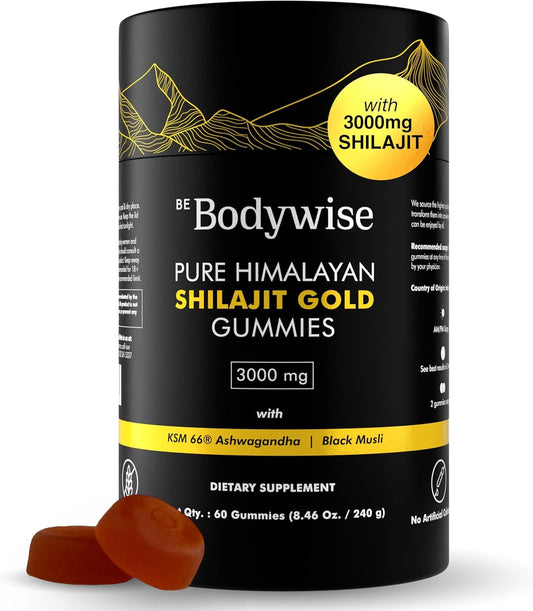 Be Bodywise Shilajit Gummies bottle with lab certificate signaling purity and energy support
