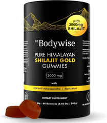 Be Bodywise Shilajit Gummies bottle with lab certificate signaling purity and energy support