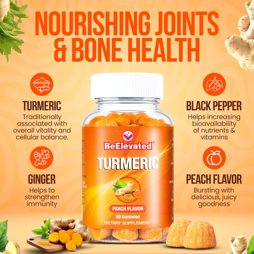 BeElevated Curcumin Turmeric Gummies peach close-up highlighting tasty flavor and convenience