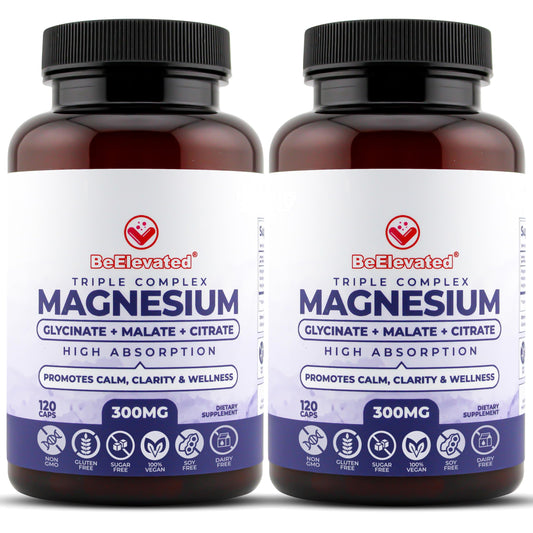 BeElevated Triple Magnesium bottle displayed for daily relaxation and well‑being